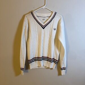 Fred Perry Sportswear Vintage White Cable Knit Cricket V-Neck Sweater Mens M